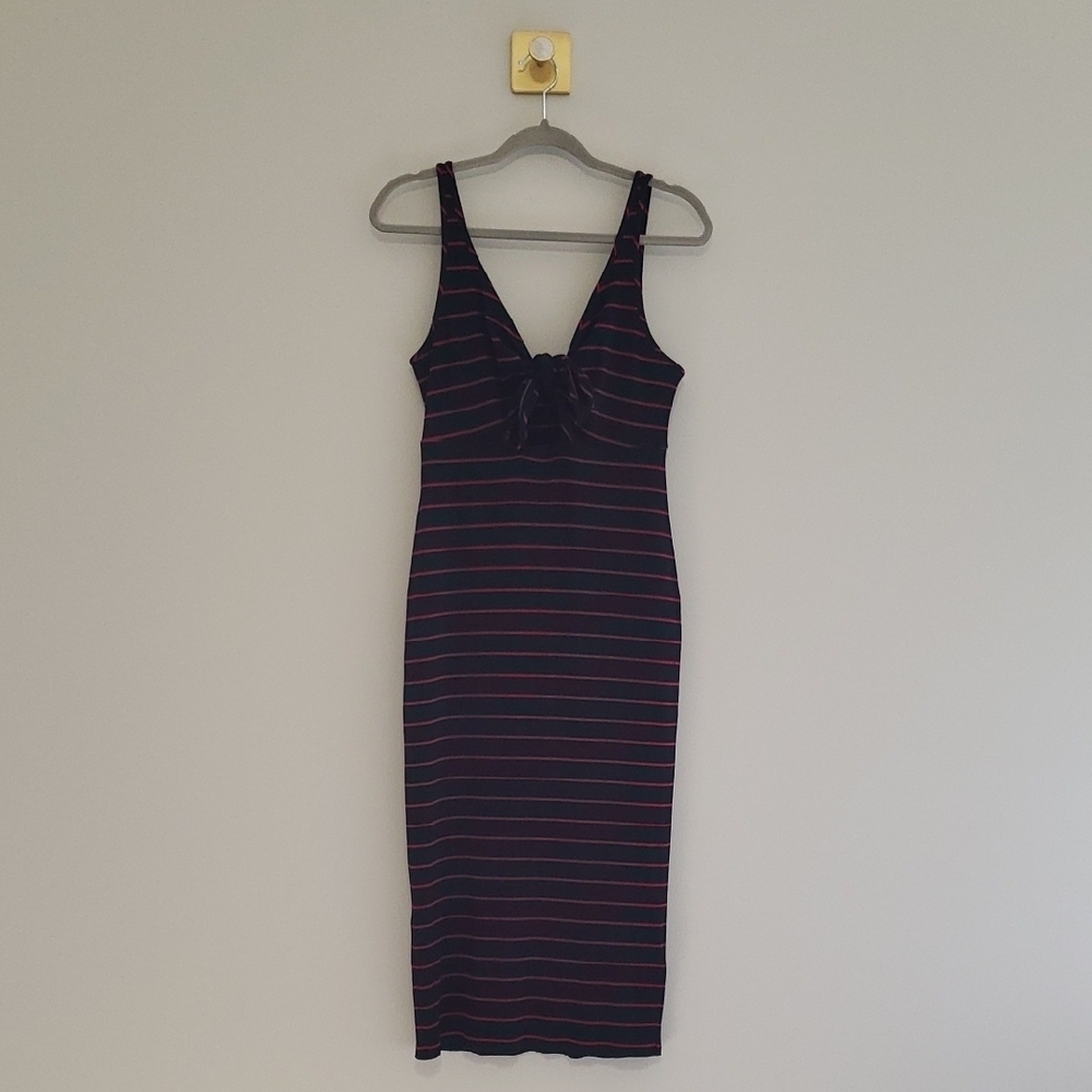 Express Midi Tank Dress Medium Stripe Black Pink Ribbed Knit Tie Front Keyhole
